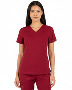 Female model in Heartbeat Crimson jogger scrub pants