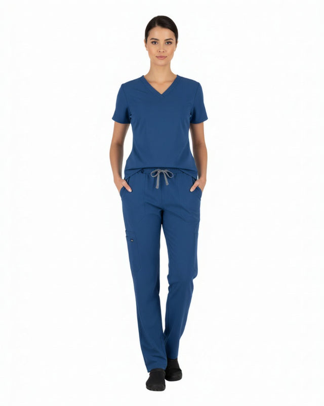 Puisis Premium Scrubs in cobalt blue worn by healthcare staff, high-quality hospital scrubs for nurses and doctors, contemporary medical apparel.