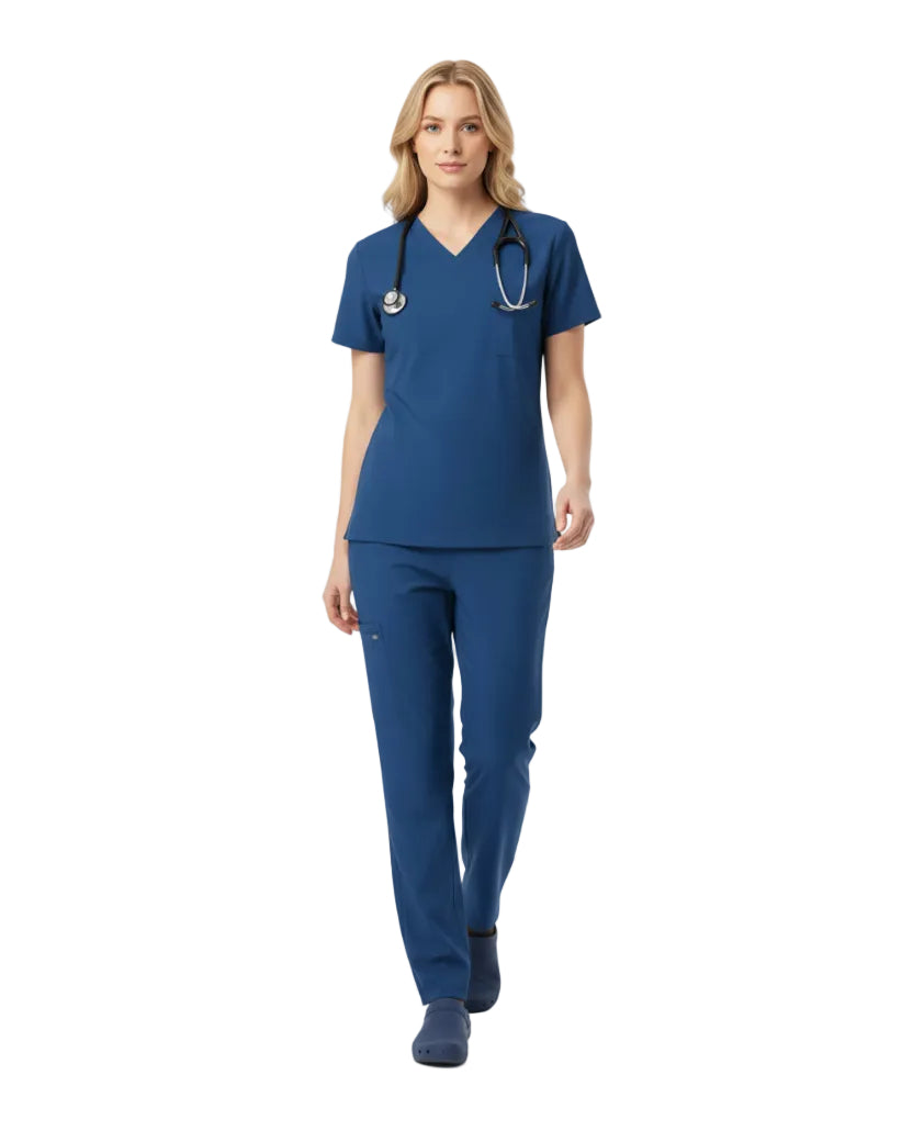 Puisis Premium Scrubs in cobalt blue worn by veterinary staff, high-quality hospital scrubs for nurses and doctors, contemporary medical apparel