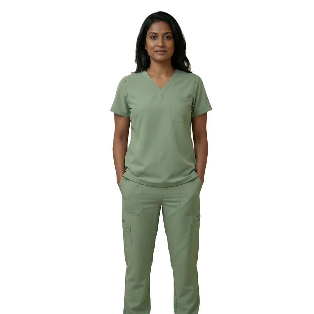 Premium sage green scrub top from The Puisis Collection, designed for comfort and functionality.