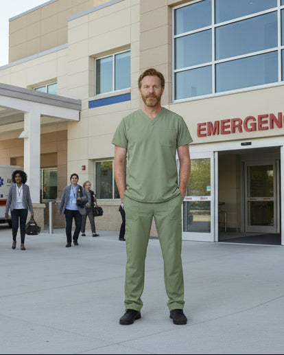 he Puisis Collection sage green scrub top with V-neck and single chest pocket for emergency room professionals.