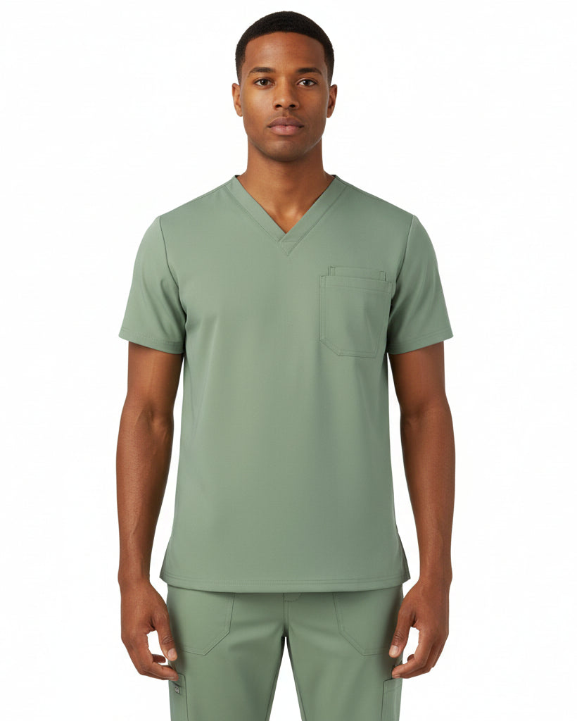 The Puisis Collection sage green scrub top with V-neck and single chest pocket for nurses and doctors.