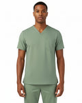 The Puisis Collection sage green scrub top with V-neck and single chest pocket for nurses and doctors.