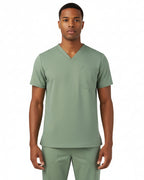 The Puisis Collection sage green scrub top with V-neck and single chest pocket for nurses and doctors.