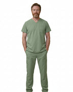 Front view of Puisis Premium Comfort Scrubs top in sage green, V-neck medical uniform for veterinary  professionals.