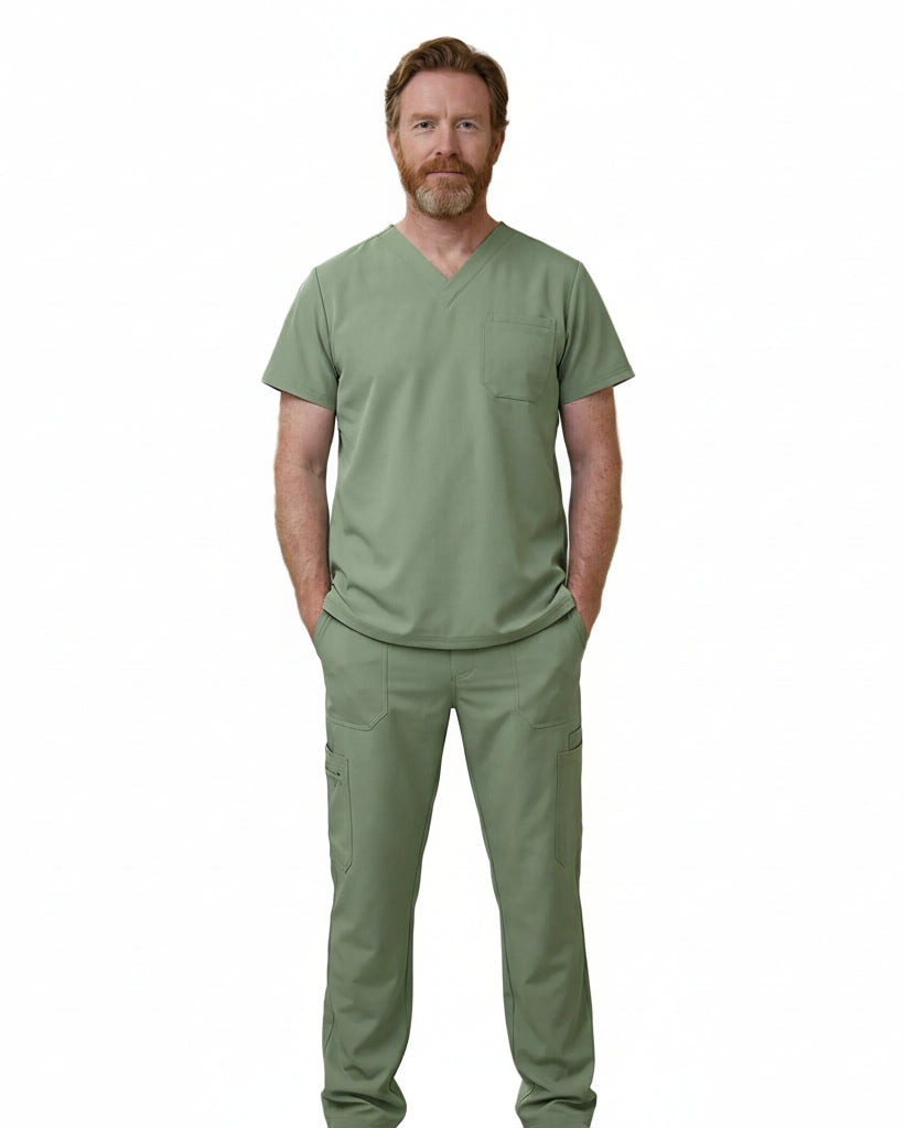 Front view of Puisis Premium Comfort Scrubs top in sage green, V-neck medical uniform for veterinary  professionals.