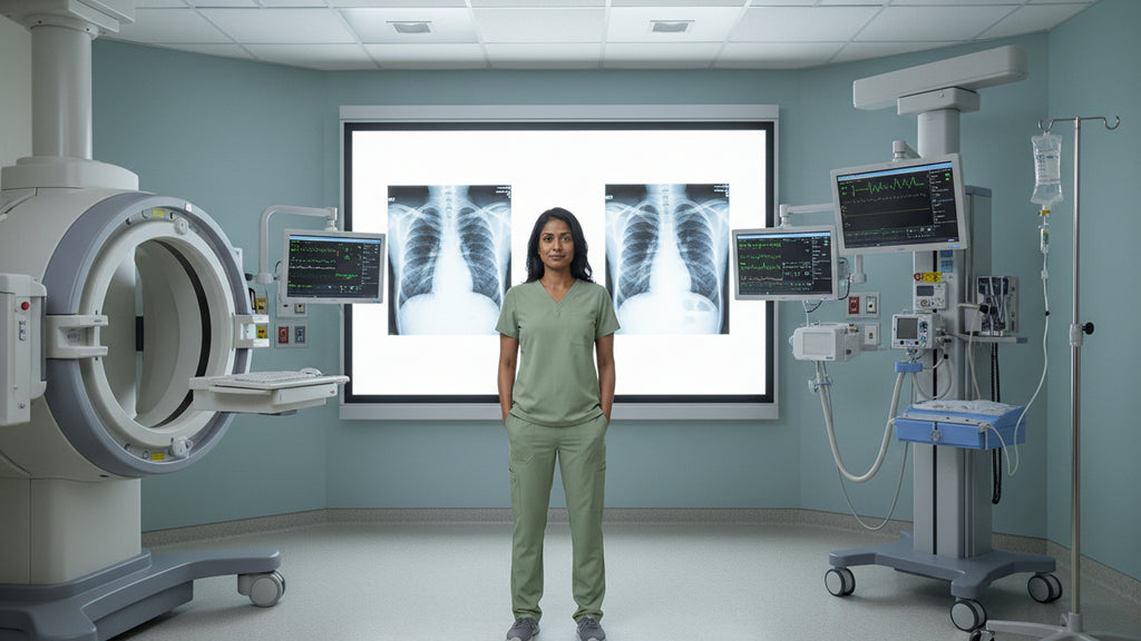 Sage green medical scrub top by The Puisis Collection