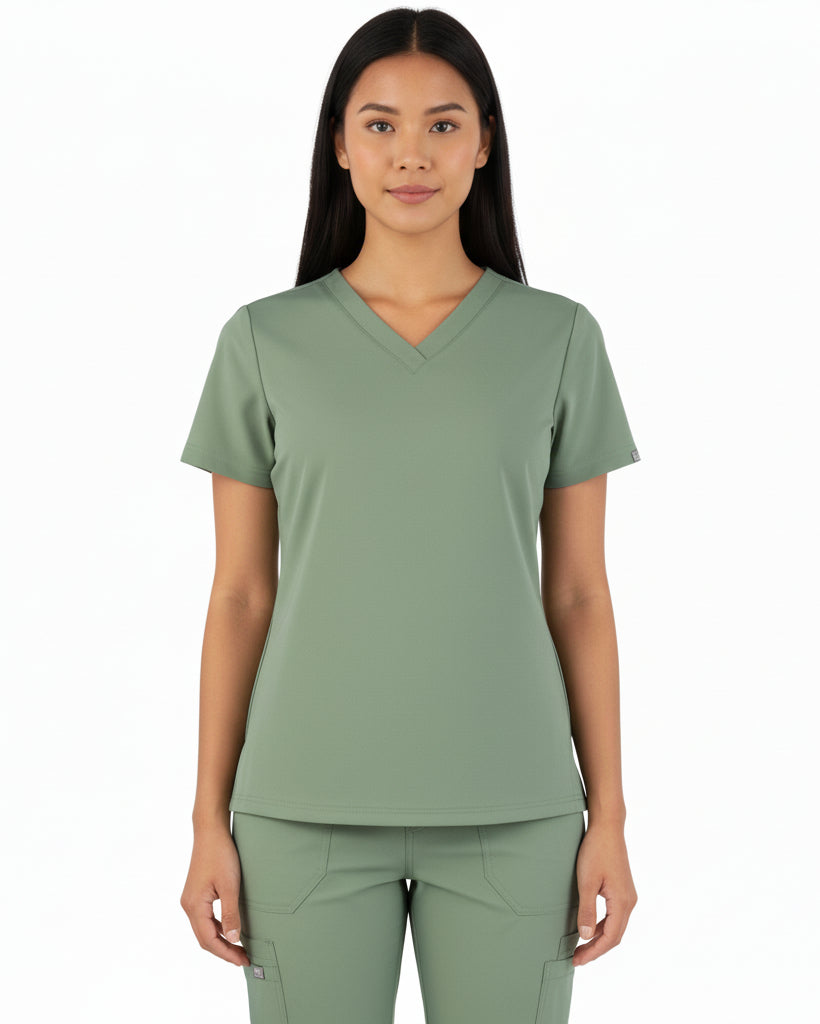 Front view of Puisis Premium Comfort Scrubs top in sage green, V-neck medical uniform for healthcare professionals.