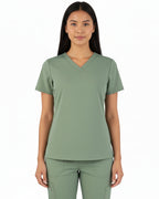 Front view of Puisis Premium Comfort Scrubs top in sage green, V-neck medical uniform for healthcare professionals.