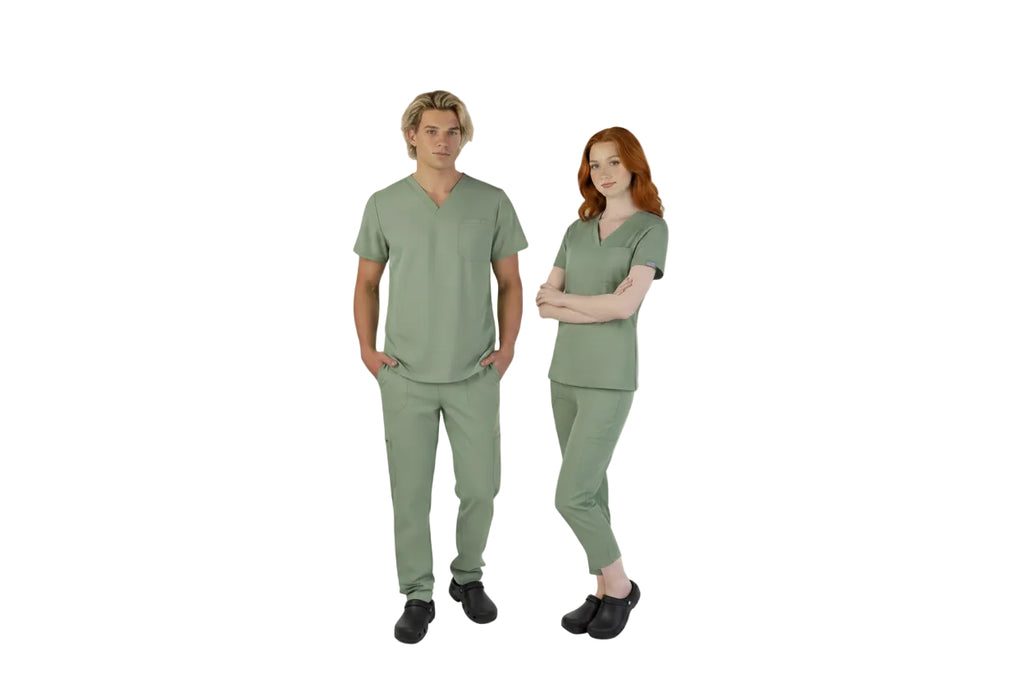 Puisis sage green V-neck scrubs top, left chest pocket, medical workwear for healthcare professionals.