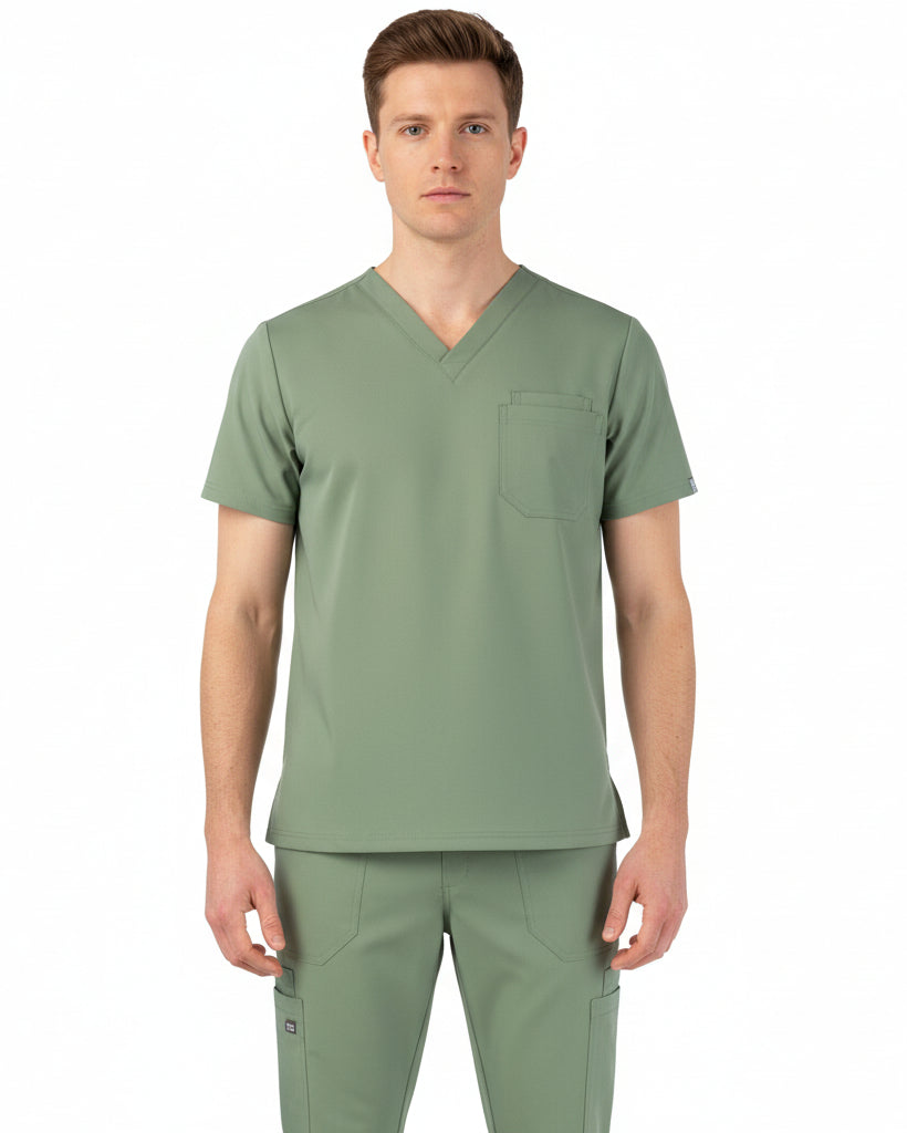 Sage green nurse scrub top by Puisis, comfortable and stylish medical apparel for clinics and hospitals.